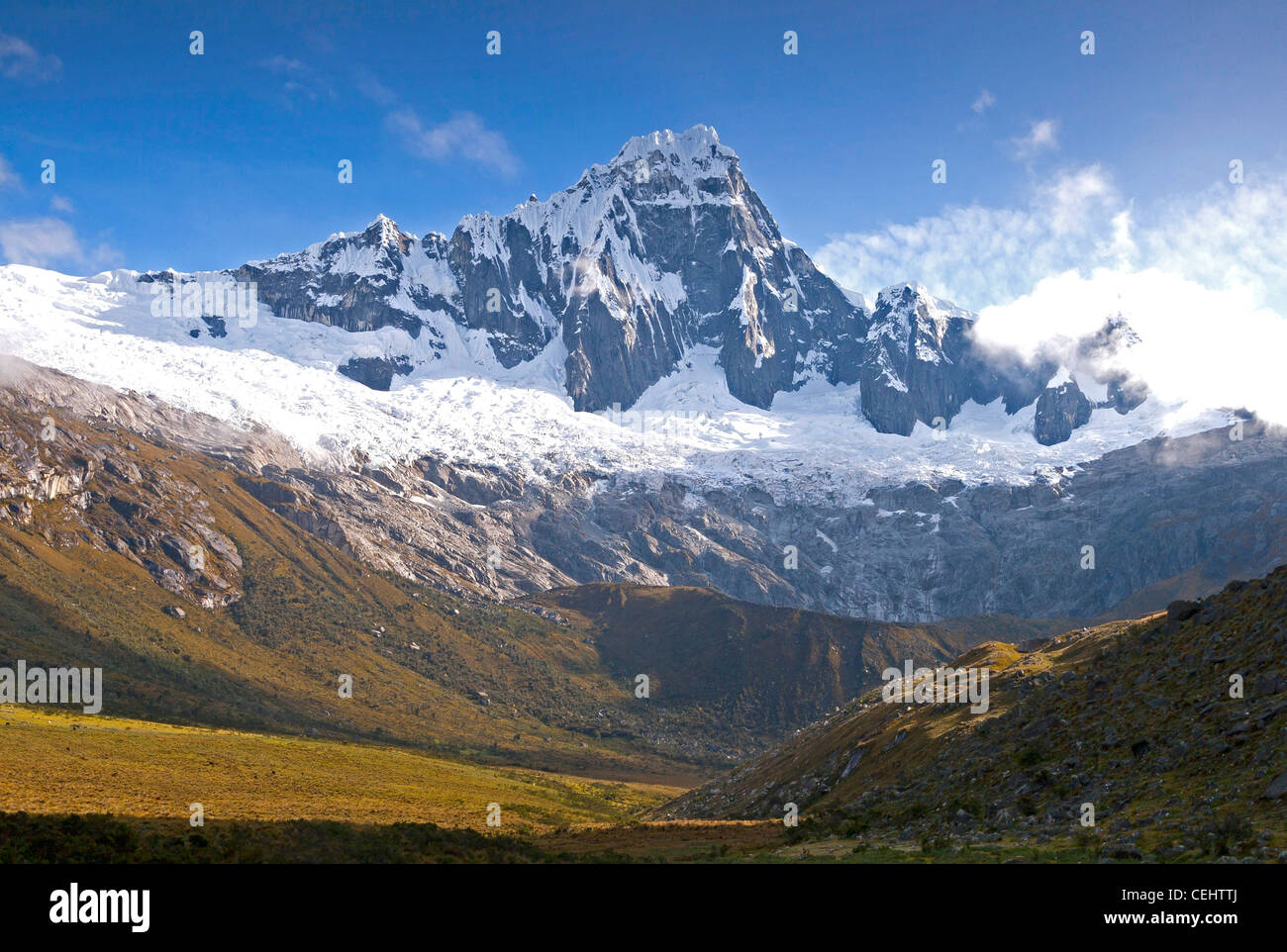 View of the peruvian Andes, Santa Cruz trek, huascaran national park, cordillera blanca, Taulliraju mountain Stock Photo