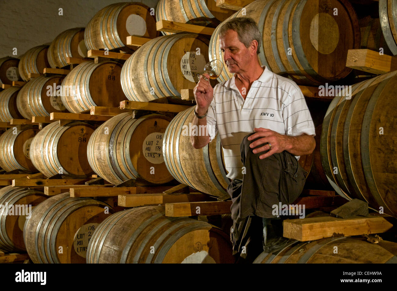 Man tasting brandy in cellar,KWV Wine estate,Paarl Valley,Cape Wine