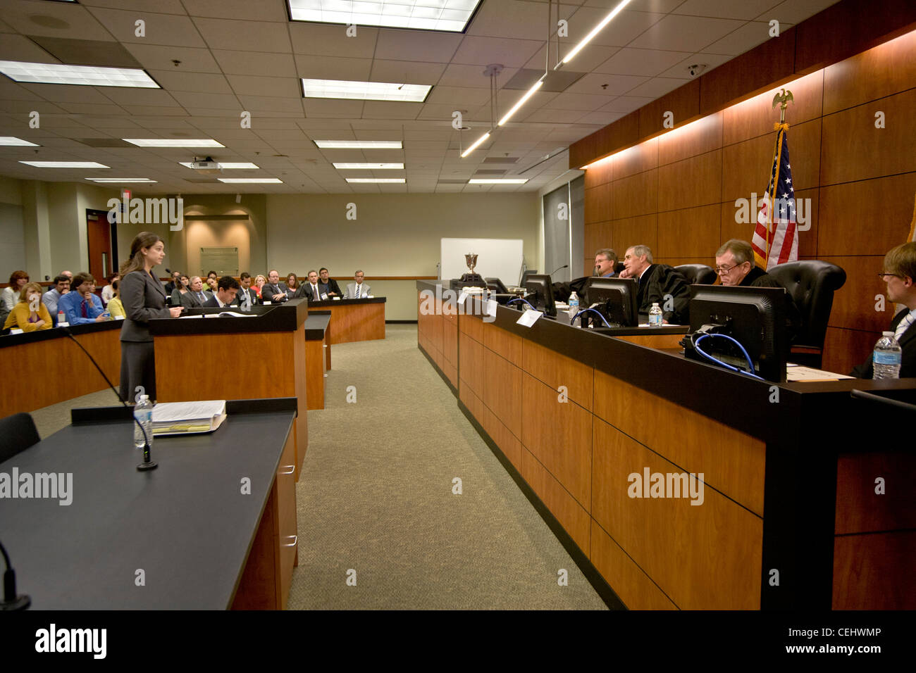 A student at the law school of the University of California at Irvine addresses a panel of