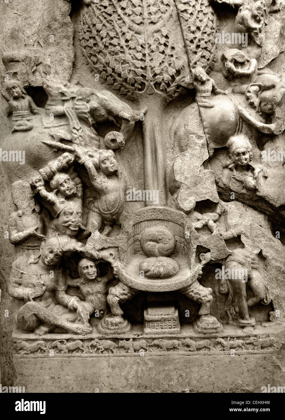 An aniconic representation of Mara's assault on the Buddha 2 century Amaravati India Stock Photo