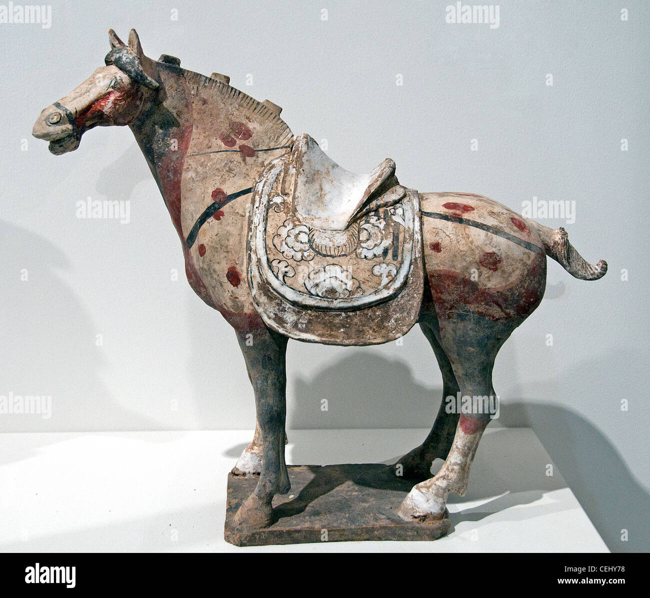 horse saddle Polychrome ceramic  pottery Tang dynasty 8 Century north China Chinese Stock Photo
