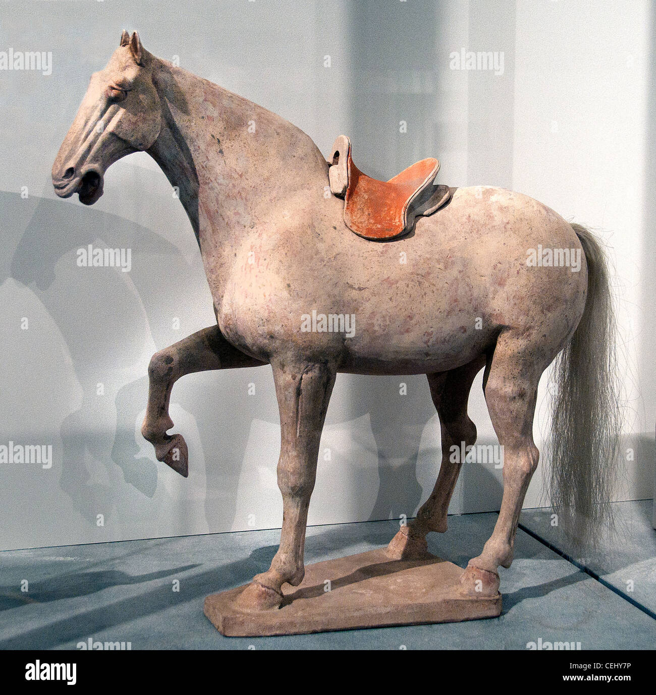 White horse saddle white earthenware ceramic  pottery Tang dynasty 7 Century north China Chinese Stock Photo