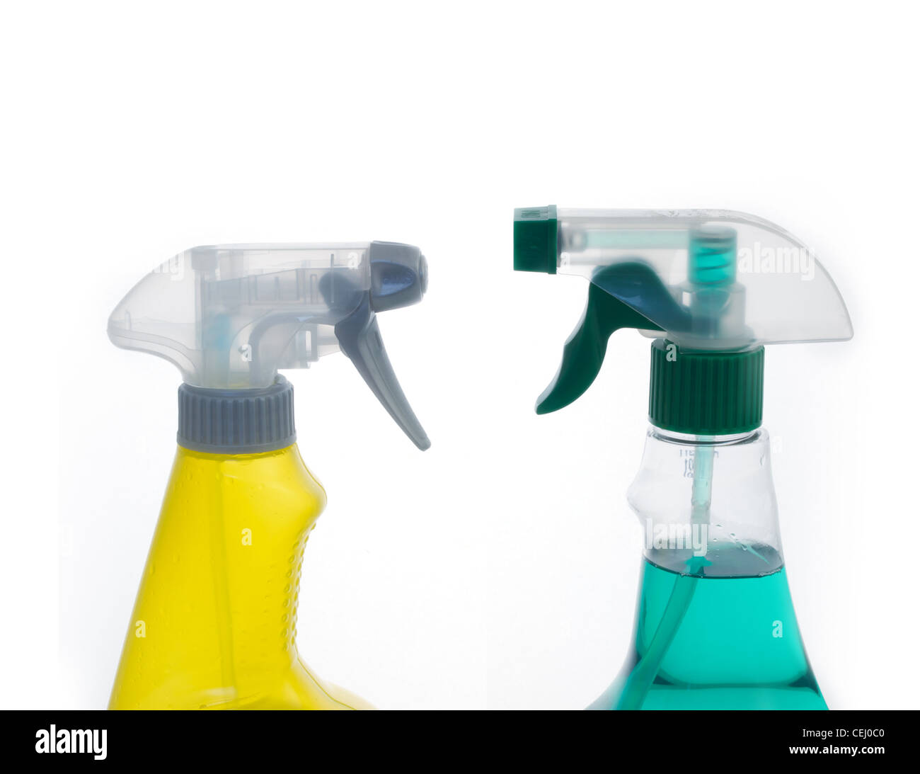 Plastic cleaning spray bottles on white Stock Photo Alamy