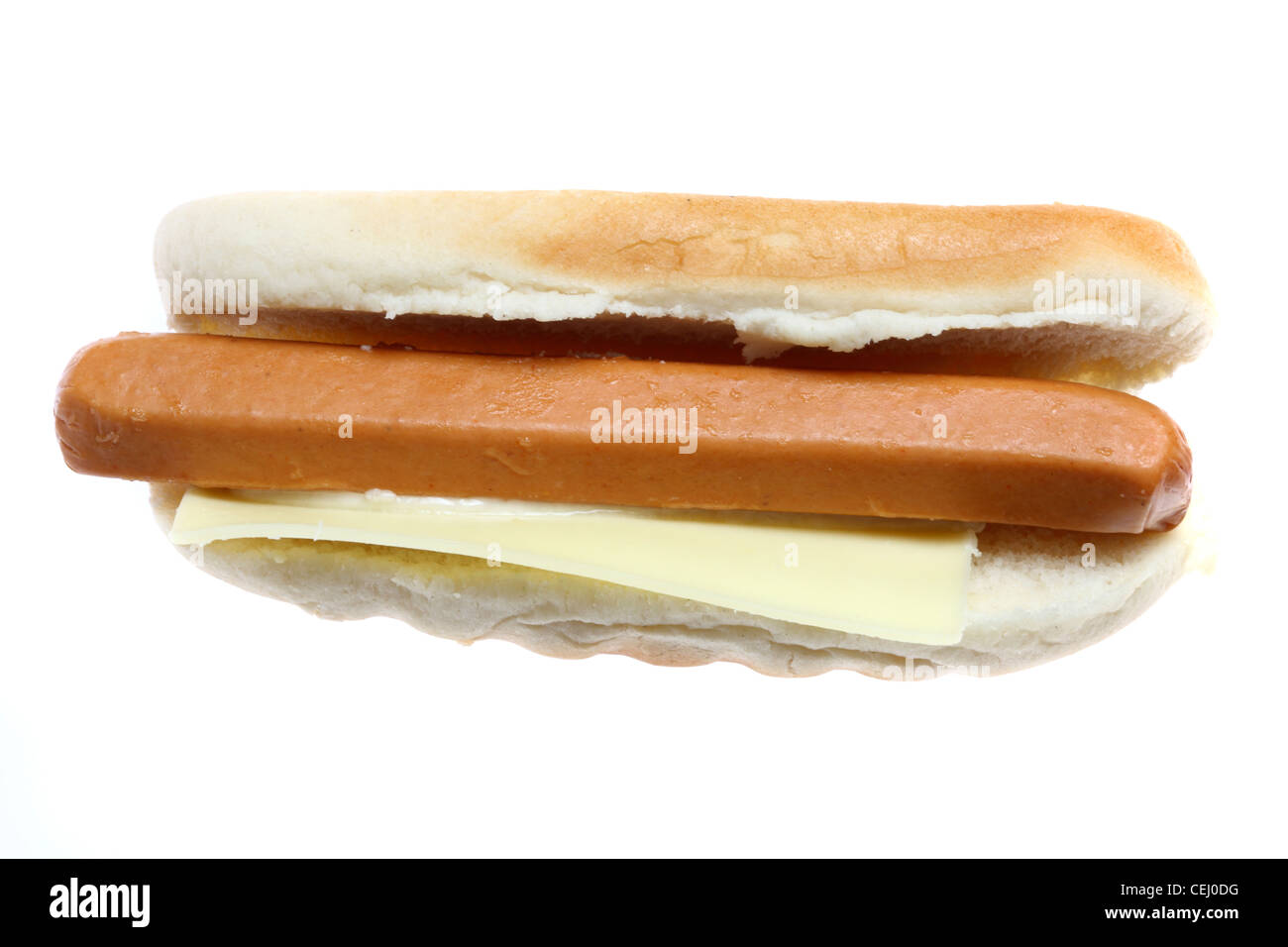 Nutrition, fast food. Hot dog. Steamed sausage in a bread roll, with
