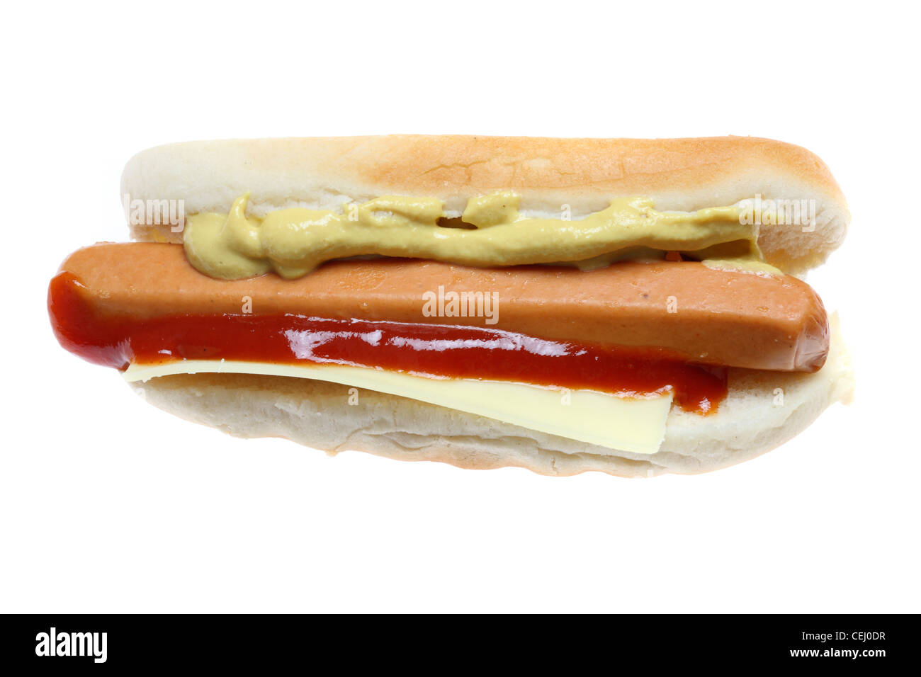 Nutrition, fast food. Hot dog. Steamed sausage in a bread roll, with