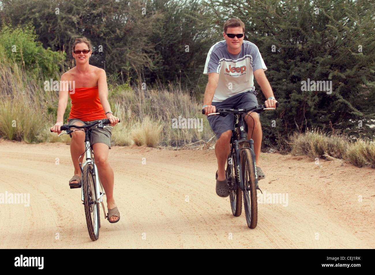 Cycling with Game Ranger,Augrabies National Park,Augrabies,Northern Cape Stock Photo