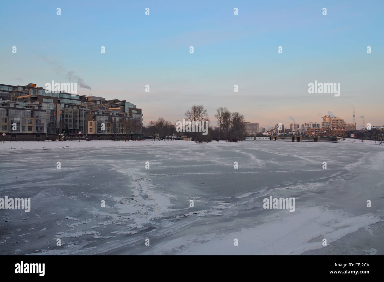 Saint - Petersburg: Winter sunset over Malaya Nevka river Stock Photo