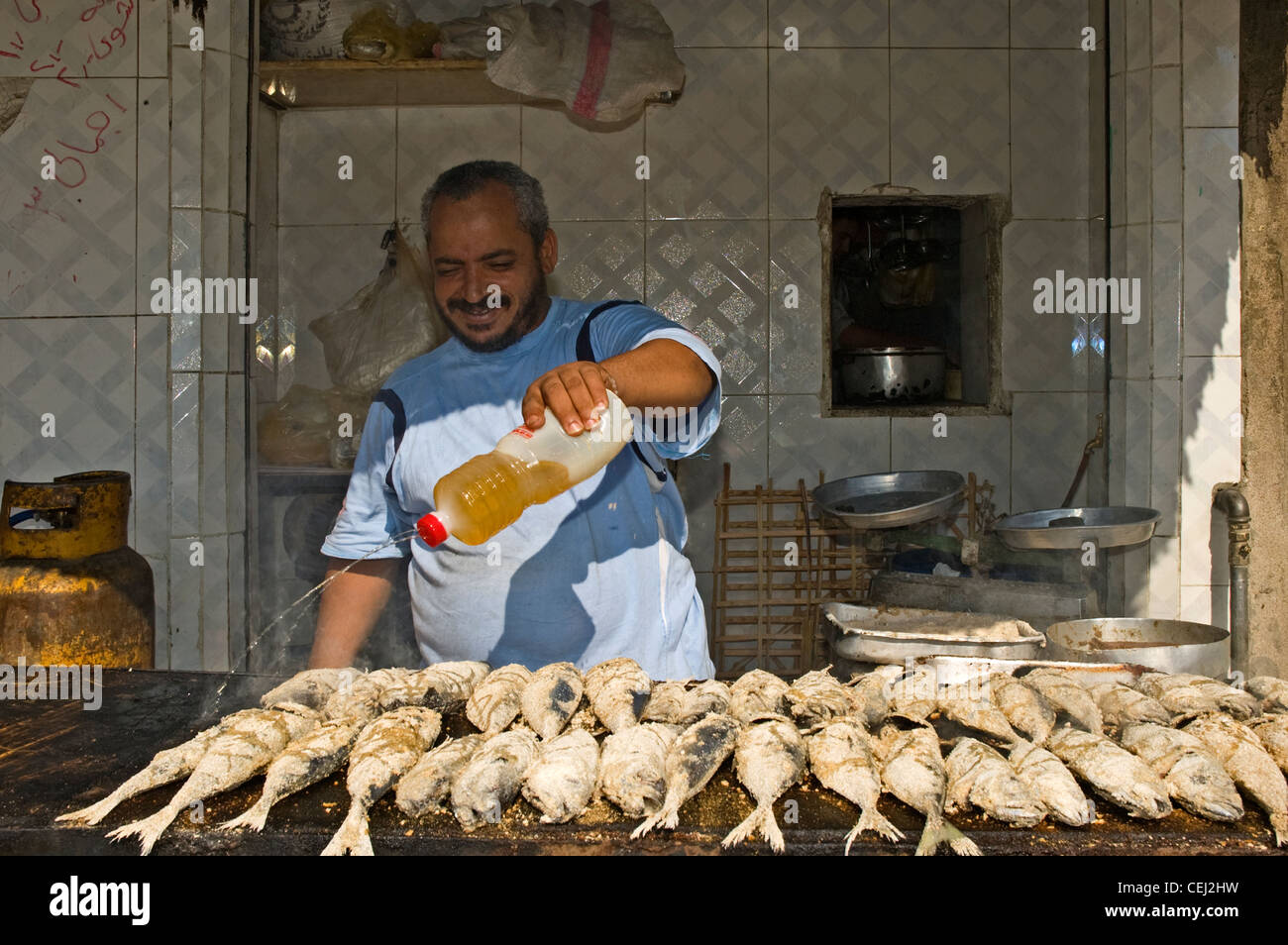 NORTH AFRICA, EGYPT, Kharga Oasis, Kharga, man spraying oil on to