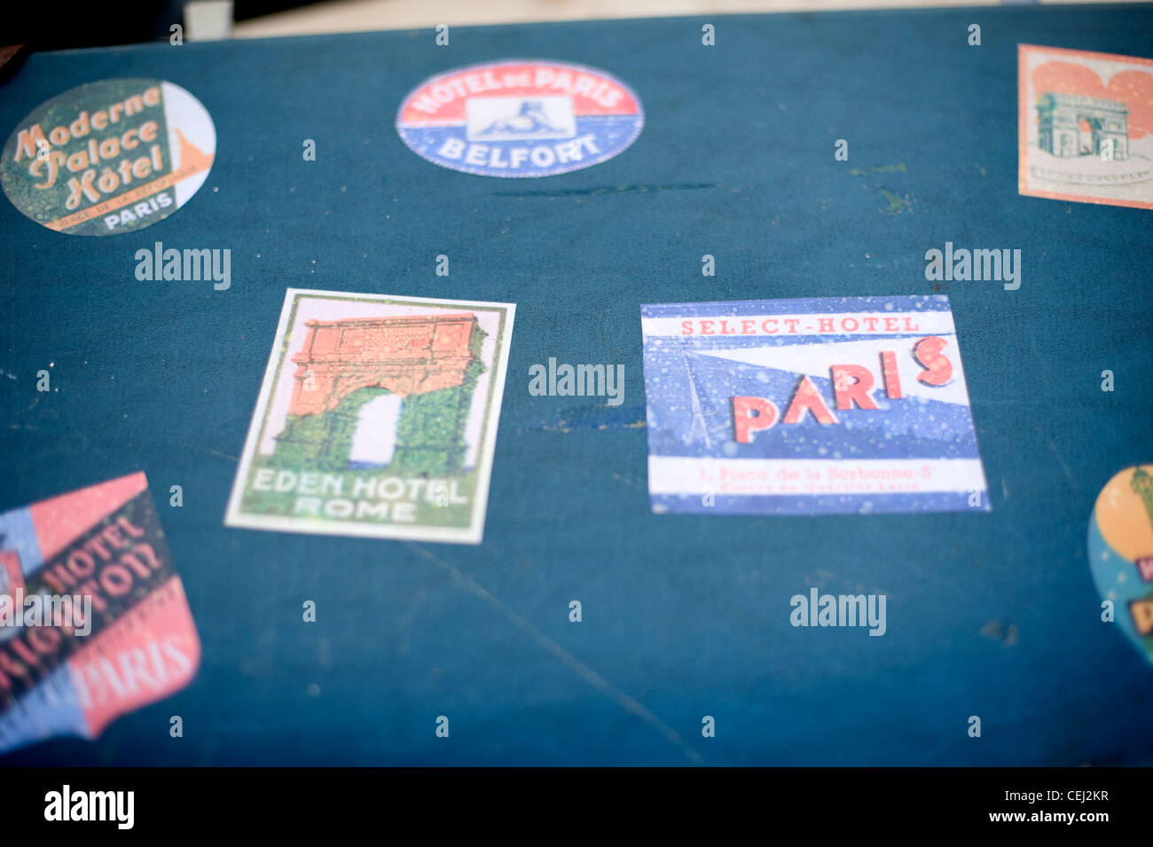 Vintage Suitcase with Travel Stickers from Paris and Rome Stock Photo