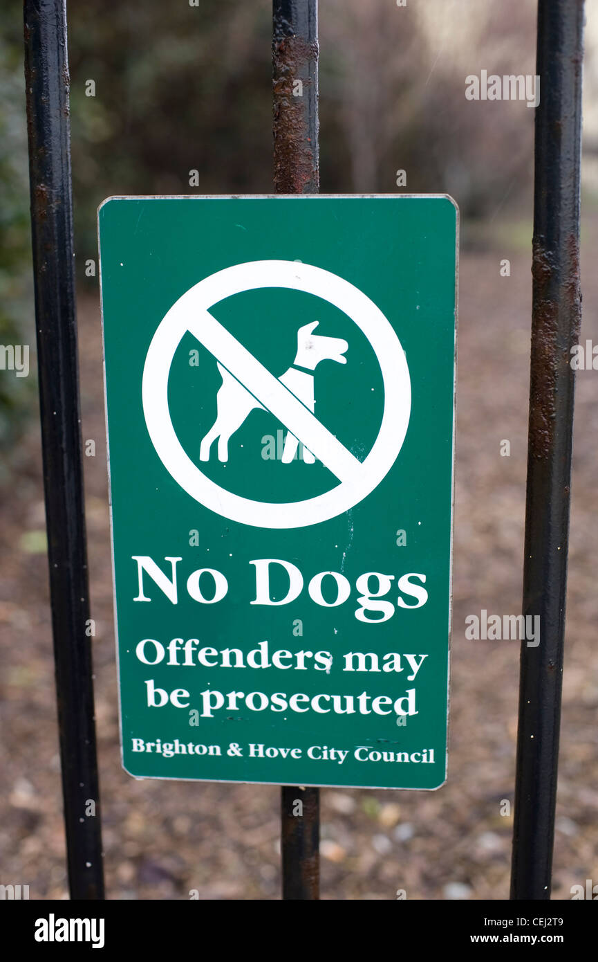 No Dogs Sign, Offenders May Be Prosecuted. Brighton and Hove City Council, Brunswick Square, Brighton and Hove, East Sussex, UK Stock Photo