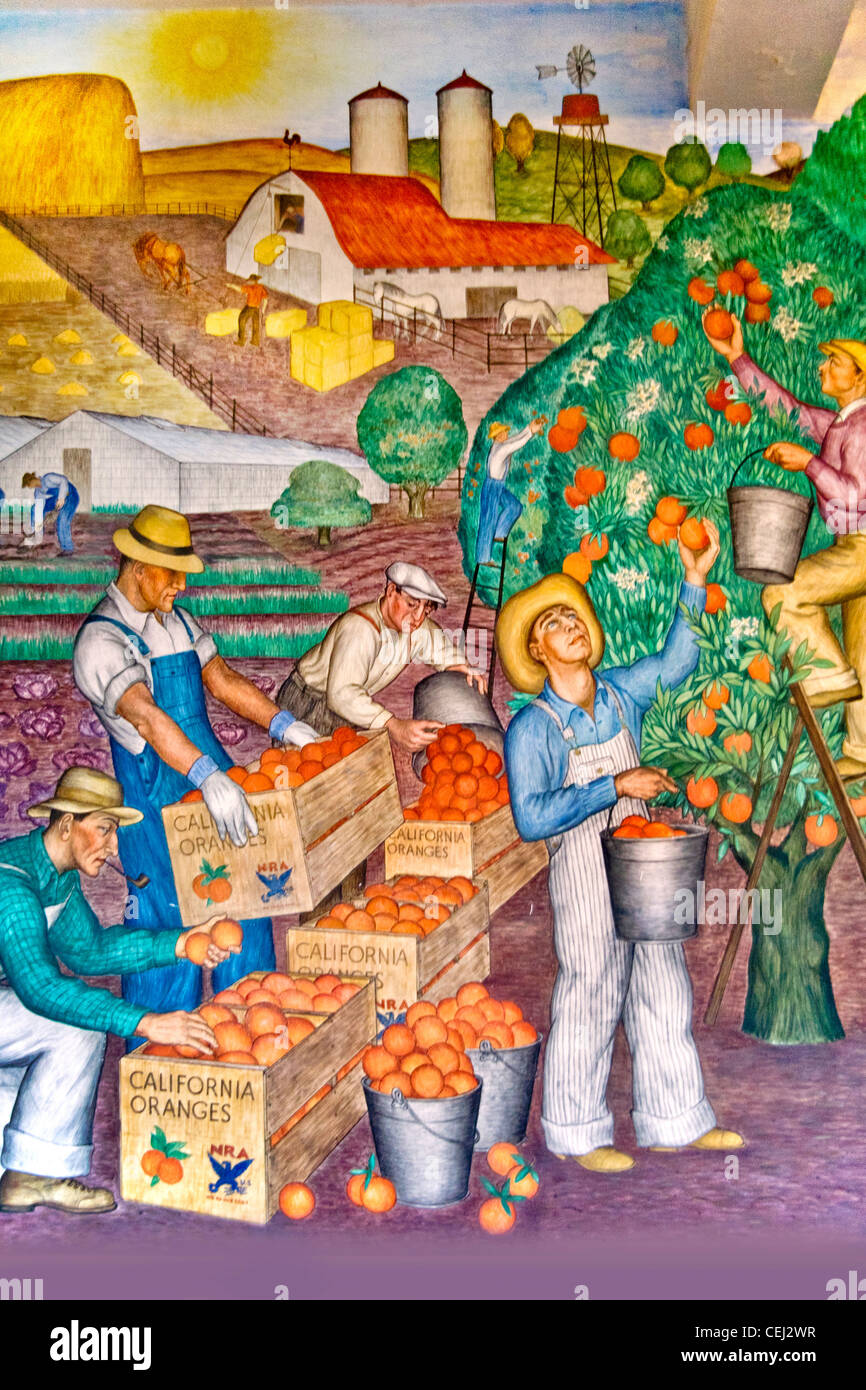 Created in 1934 by artist Maxine Albro, a fresco in the Social Realism artistic style entitled "California Agriculture" Stock Photo