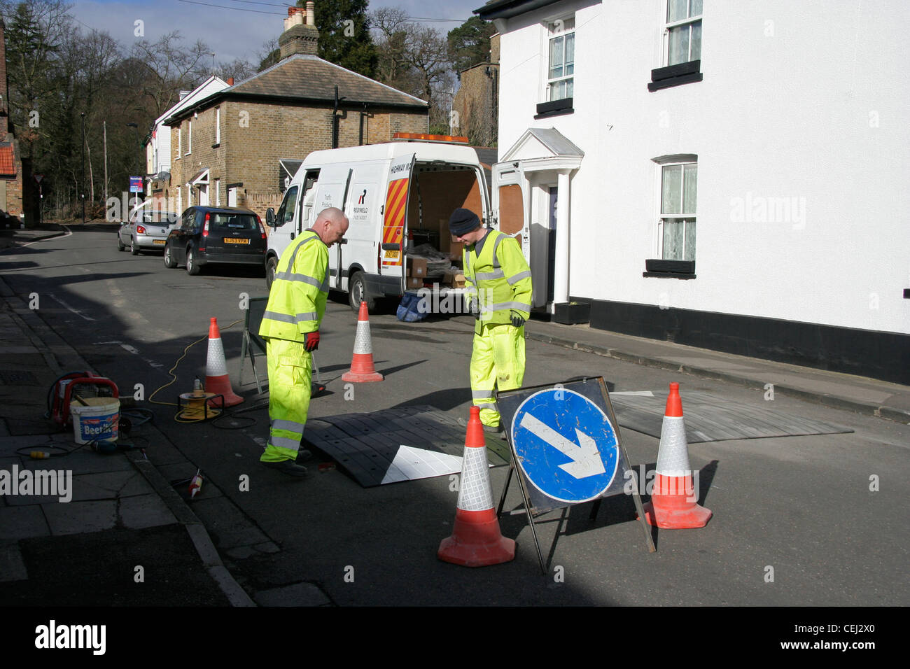 The installation of Road safety cushions Stock Photo Alamy