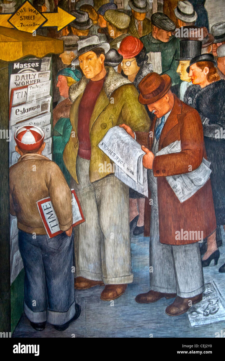 Created in 1934 by artist Victor Arnautoff, a fresco in the Social Realism artistic style entitled 'City Life' Stock Photo