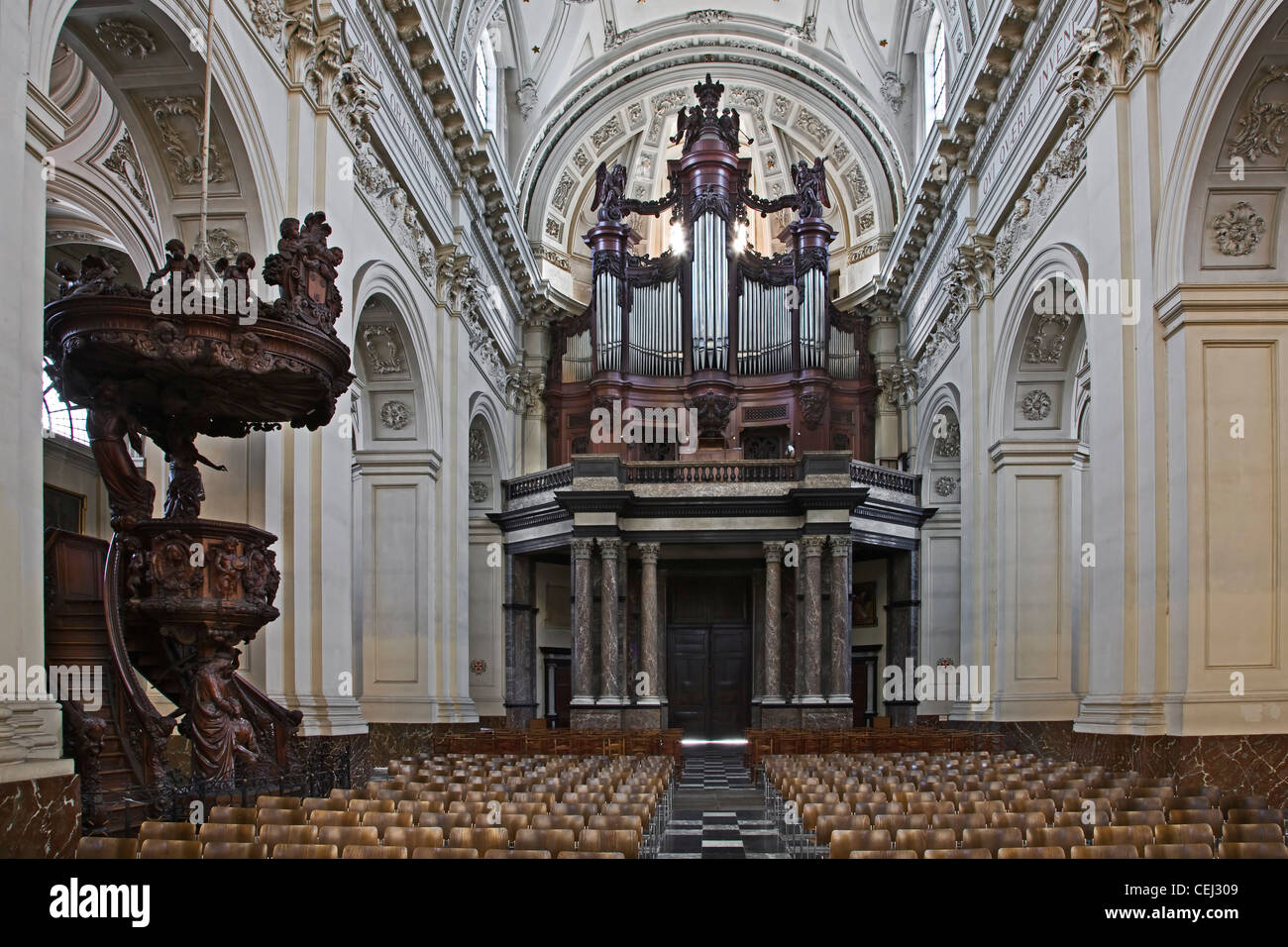 Pipe organ and pulpit of the St Aubin's Cathedral at Namur, Belgium Stock Photo