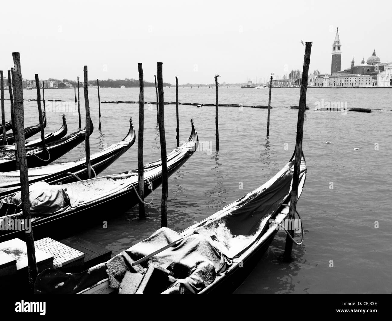 Winter view of snow covered gondolas berthed near San Marco in Venice Italy Stock Photo