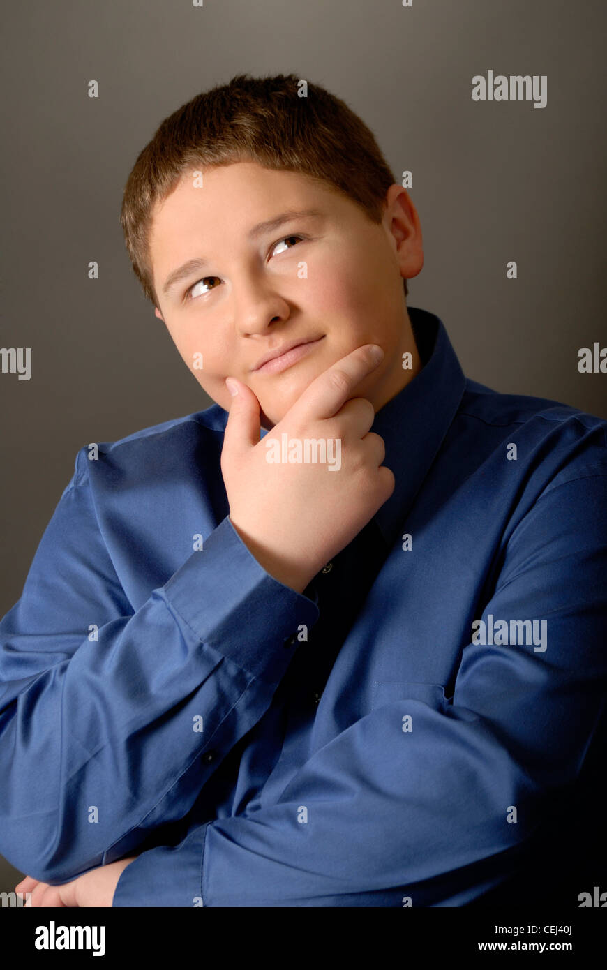 Portrait of a fourteen year old Caucasian boy who is thinking or forming an idea Stock Photo Alamy