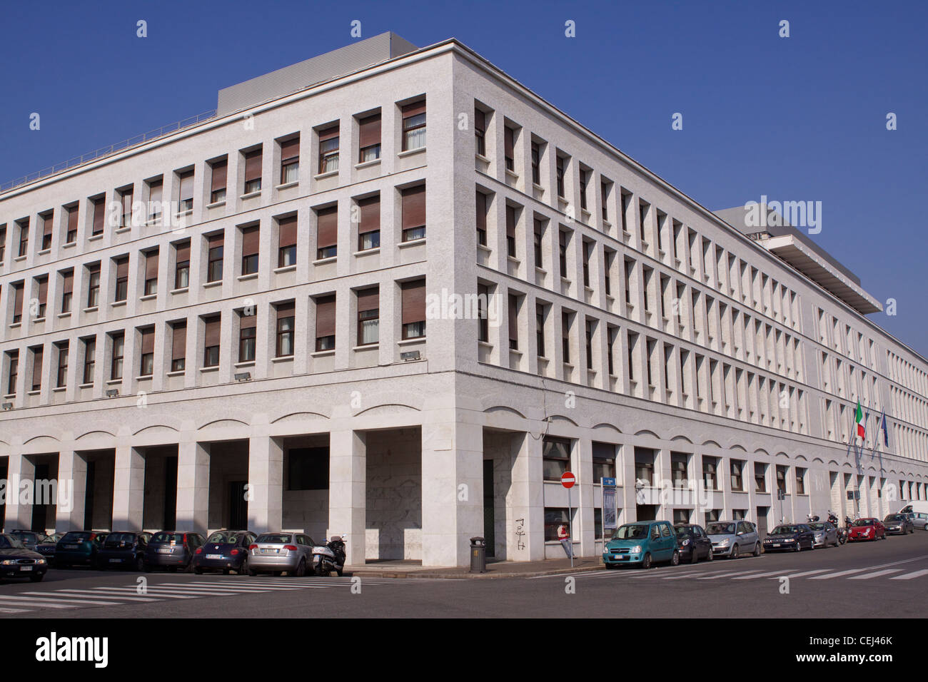 Office building in Piazza John Fitzgerald Kennedy forming part of the EUR district (Esposizione Universale Roma or E.42) of Rome Stock Photo