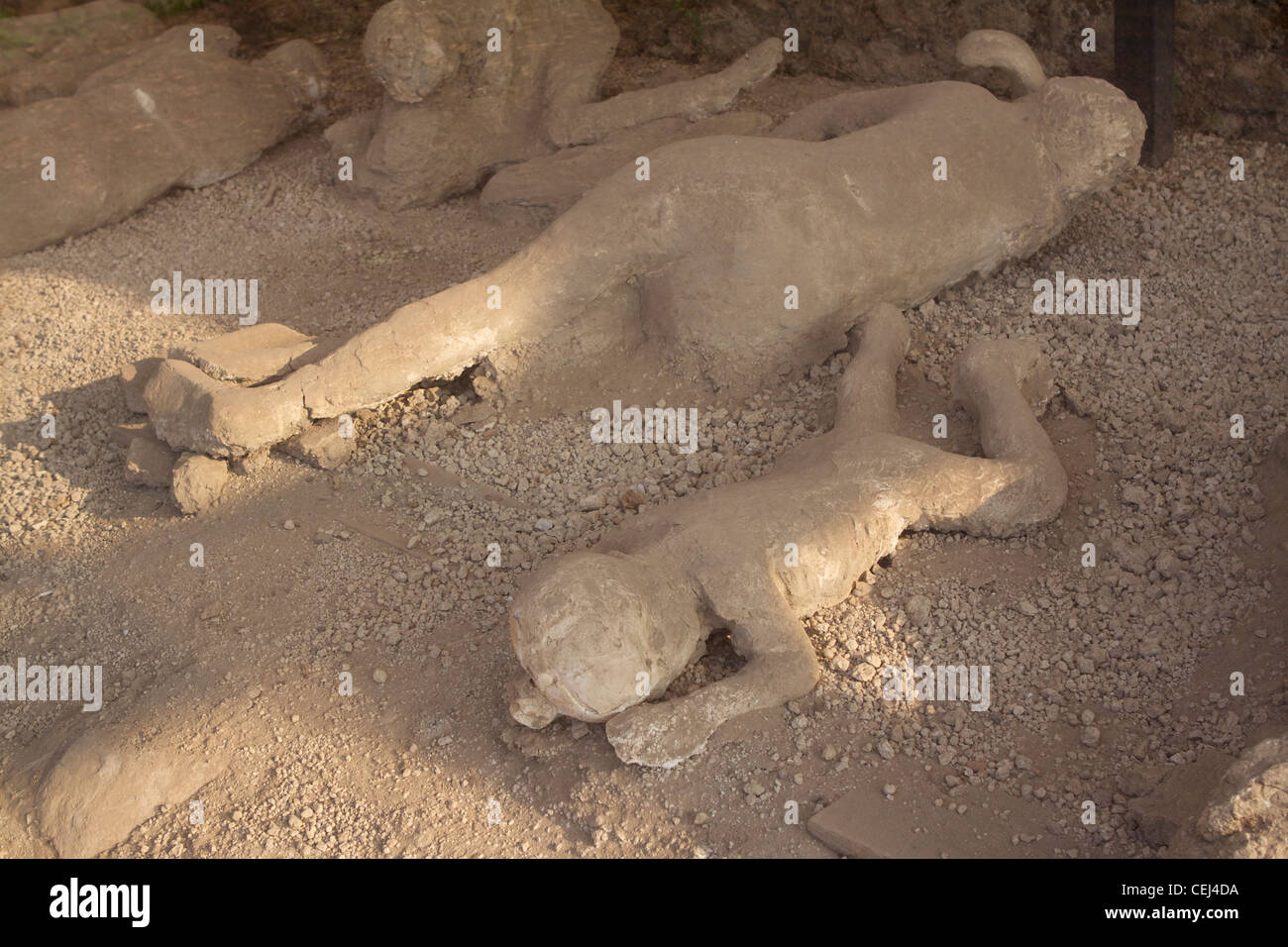 Casts of human bodies made by pouring liquid plaster into the empty spaces in the ash where bodies had been vaporised in Pompei Stock Photo