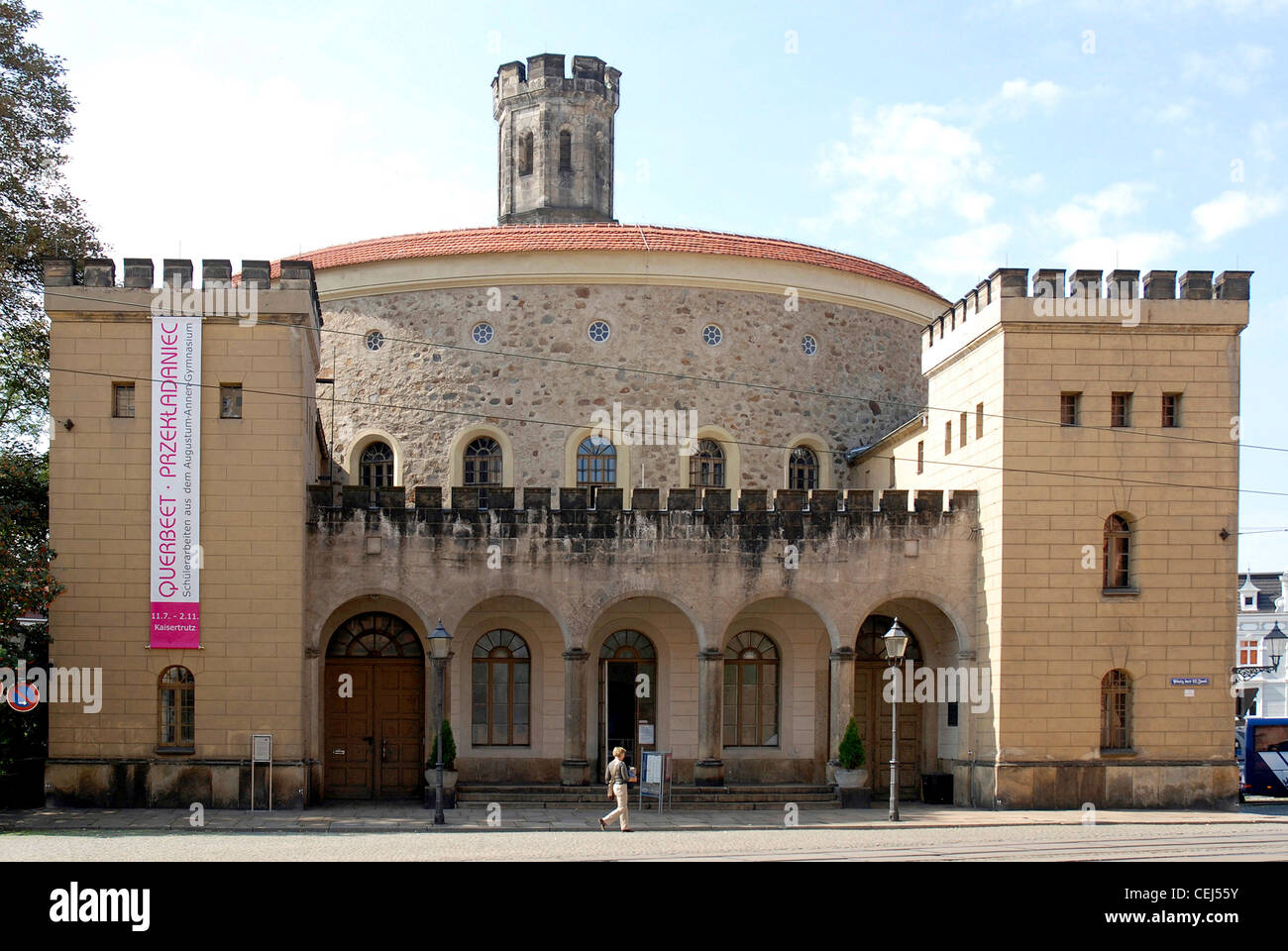 Municipal theatre of Goerlitz at the Deminaniplatz with the Bastion Kaisertrutz in the background. Stock Photo