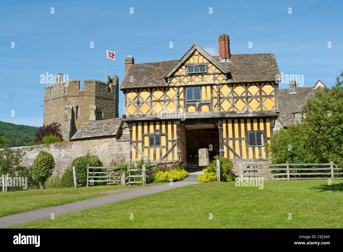 The gatehouse at Stokesay Castle,  a fortified manor house in Stokesay,Shropshire Stock Photo