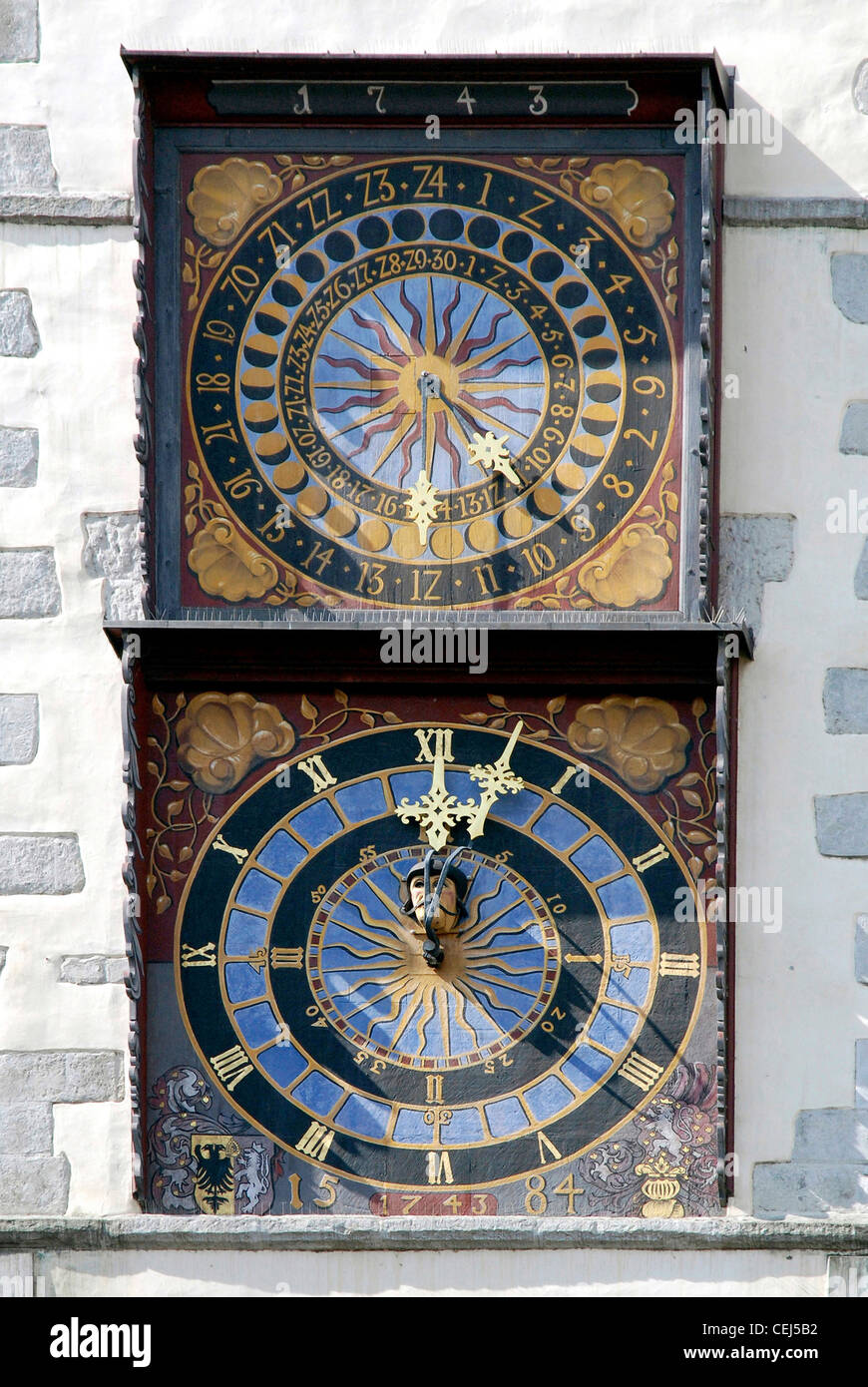 Suns clock at the old city hall of Goerlitz. Stock Photo