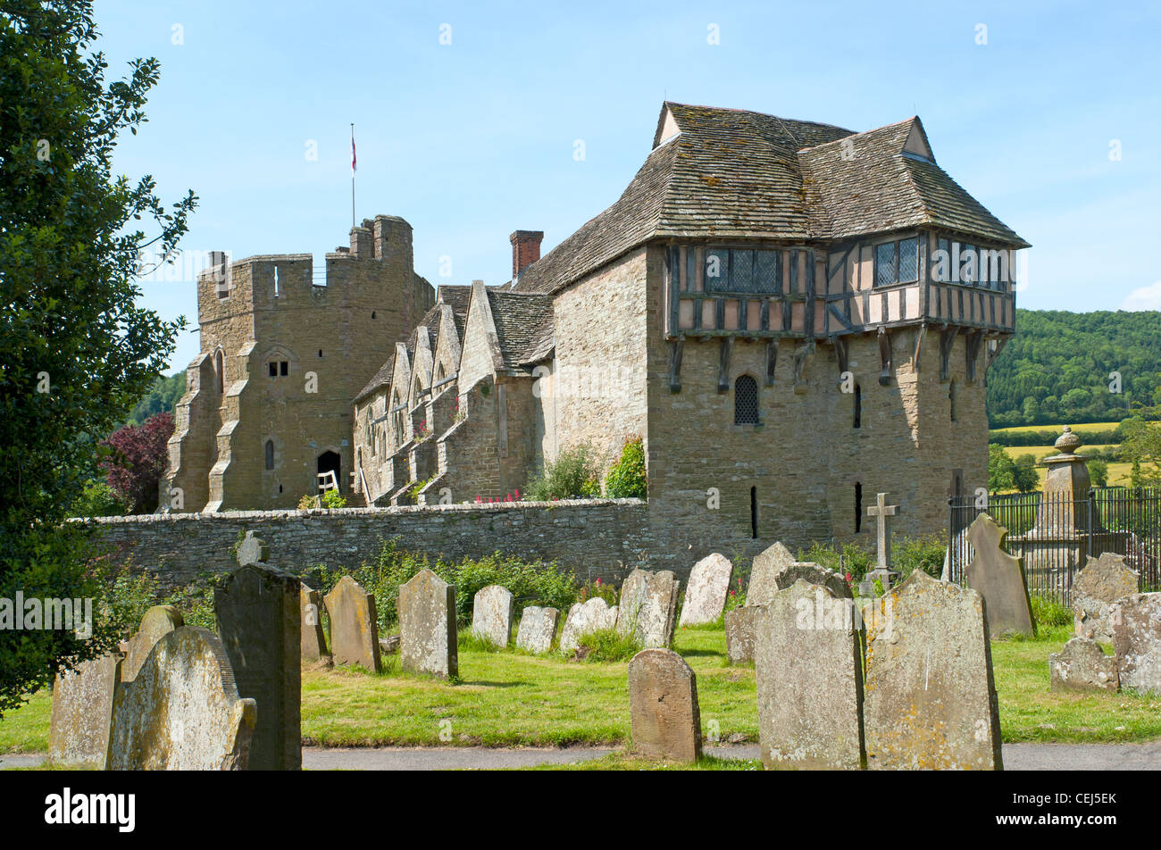 Stokesay Castle,  a fortified manor house in Stokesay,Shropshire.Seen from the churchyard of St John the Baptist church. Stock Photo