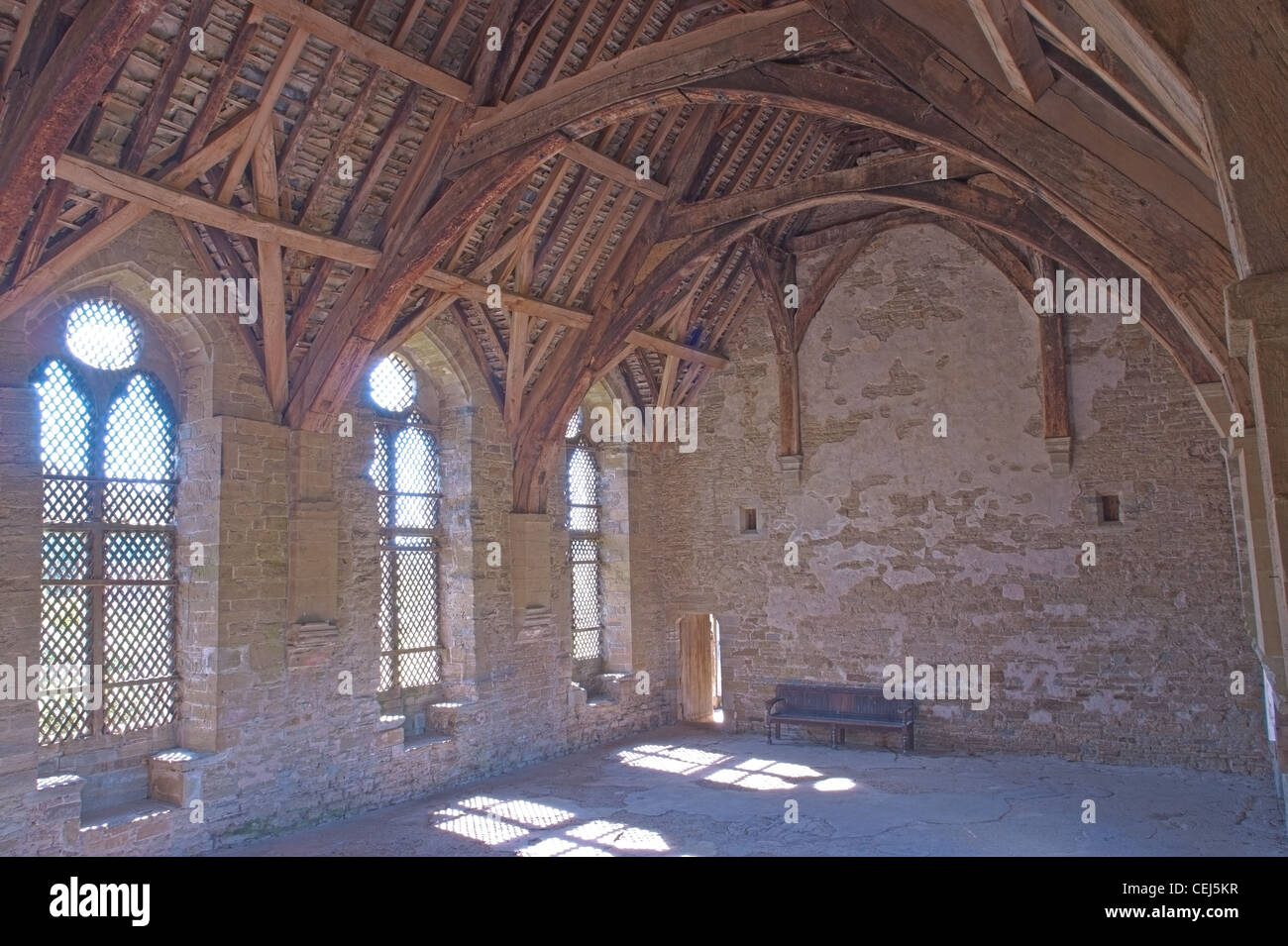 The banqueting hall at Stokesay Castle, a fortified manor house at Stokesay, Shropshire Stock Photo