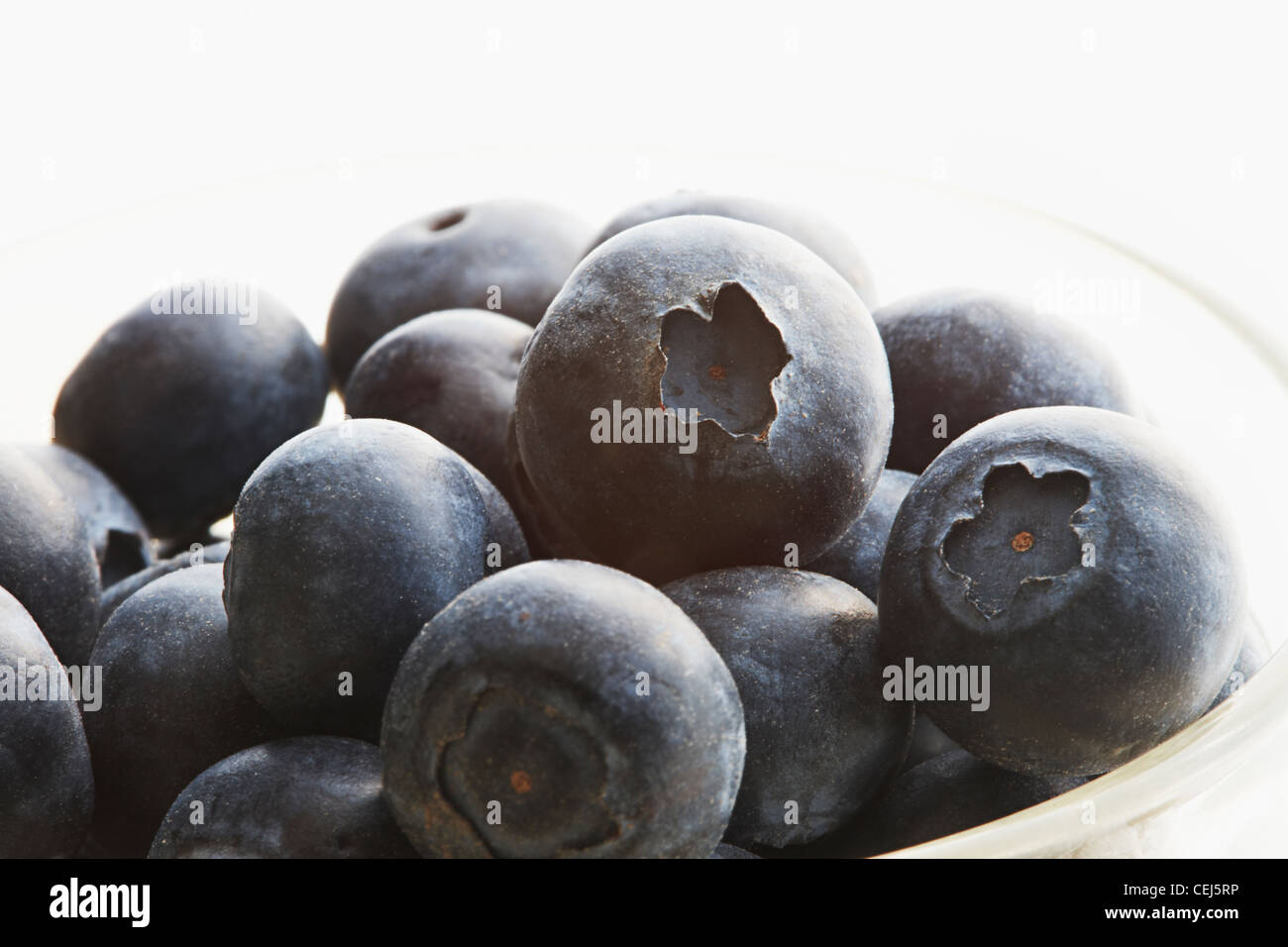 close up of Blueberries in a glass bowl Stock Photo