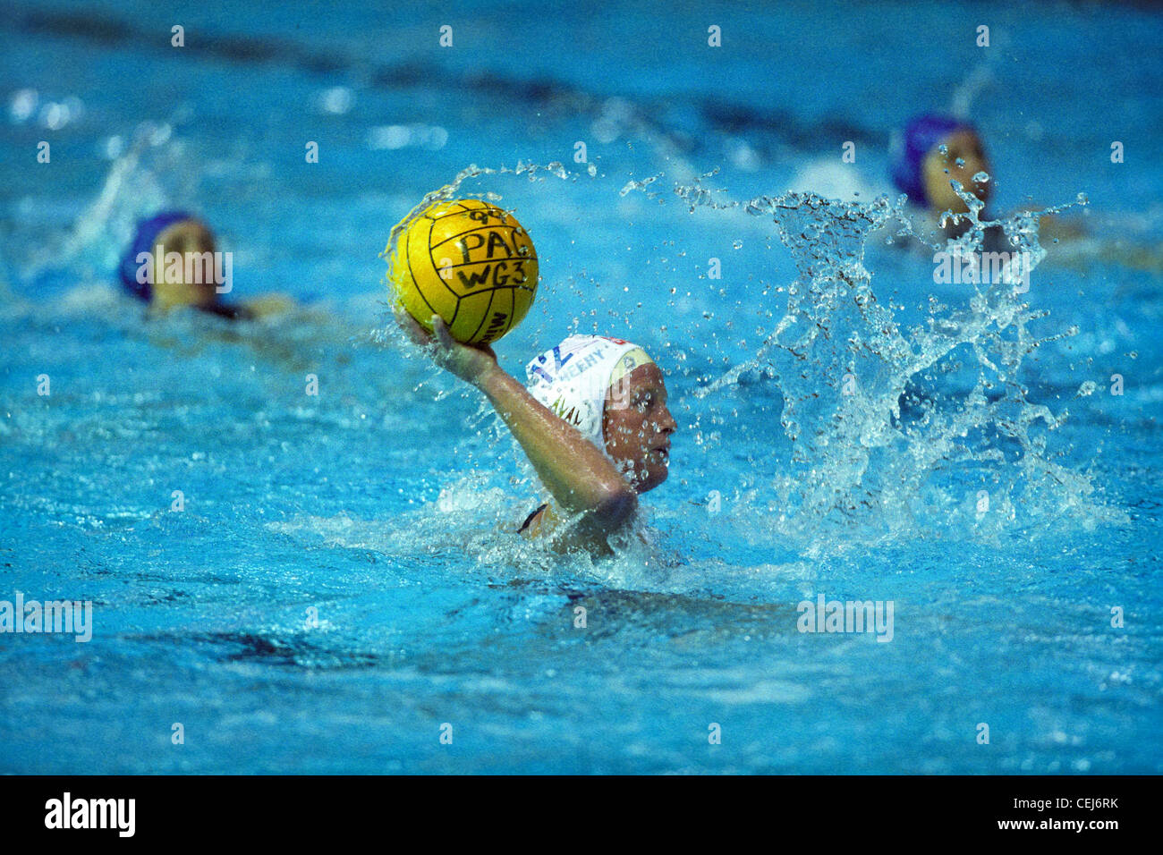 USA (white) Canada women's water polo action at the 1999 Pan American