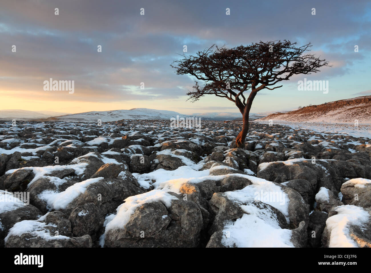Snow covers the limestone pavement near Conistone in Upper-Wharfedale, in the Yorkshire Dales National Park, England Stock Photo