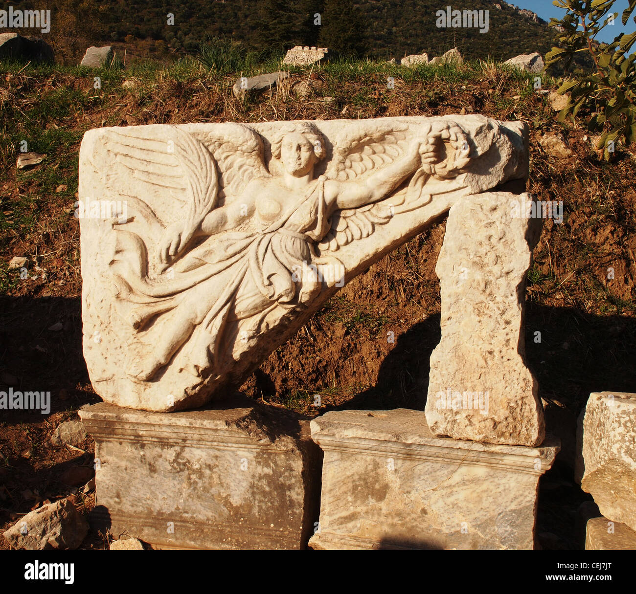 The carved Angel of Victory on a monument in the ancient ruins of Ephesus, Turkey Stock Photo