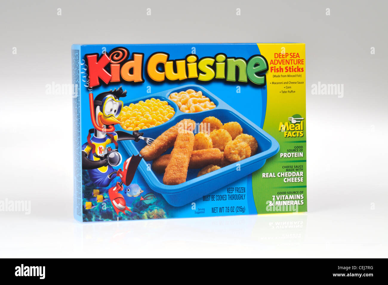 Kid's cuisine fish sticks tv dinner readymeal on white background isolate USA. Stock Photo