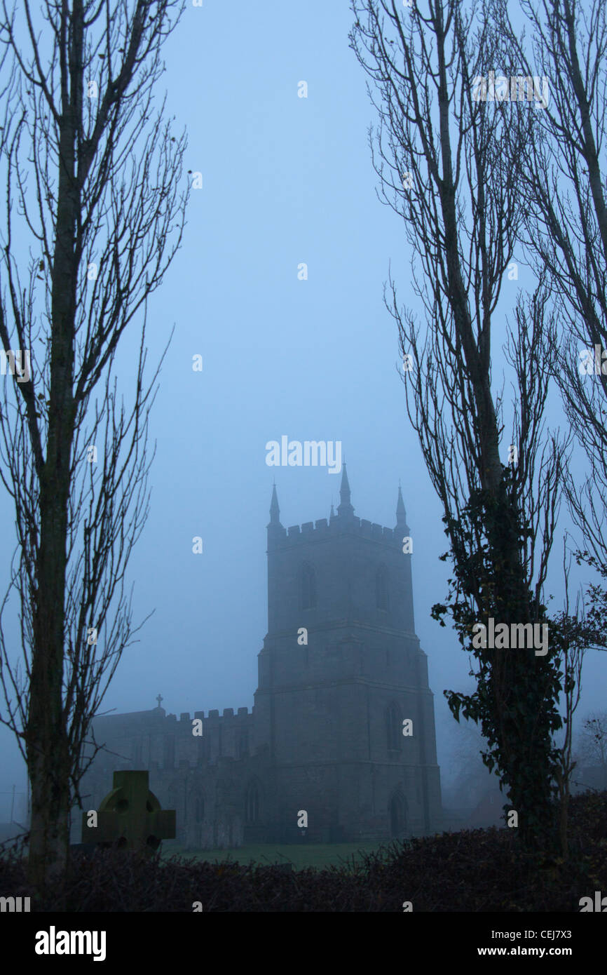 Swepstone church in fog, Swepstone, Leicestershire, England. Stock Photo