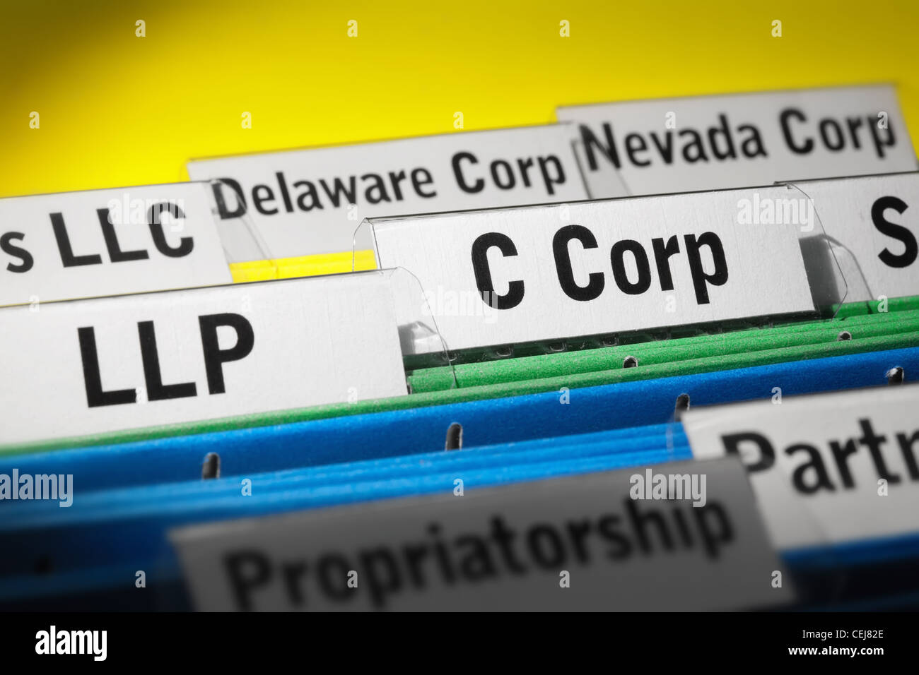 Various business organization types highlighted, LLP, C corporation, LLC, Delaware Corp, Nevada Corp, Partnership Stock Photo