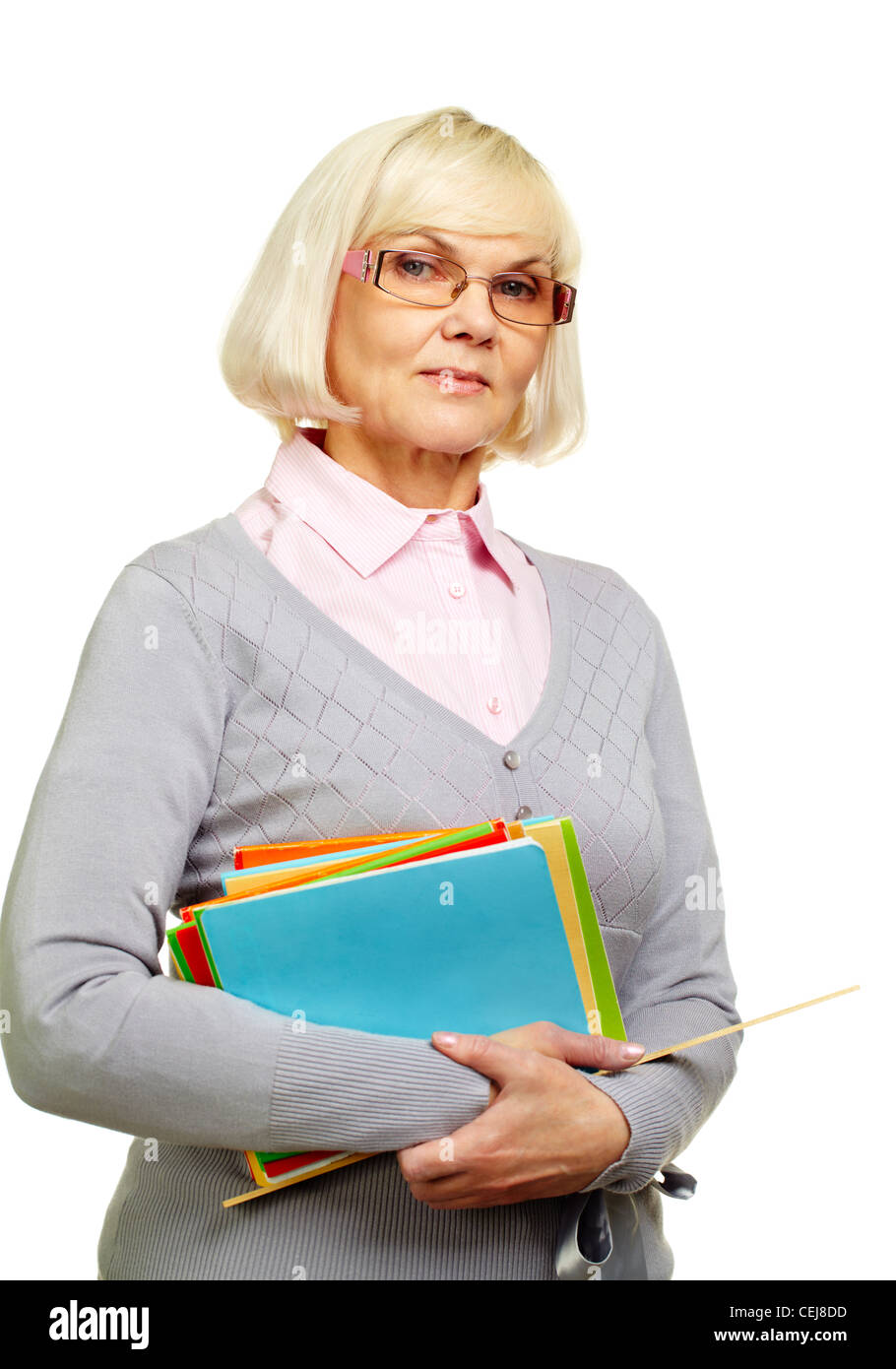 Female lecturer ready for a lesson looking strictly at camera Stock Photo