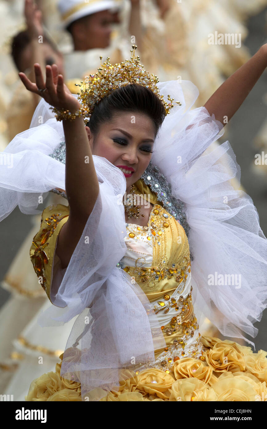Sinulog Queen performs with her dance group,Sinulog Grande Parade 2012 Stock Photo