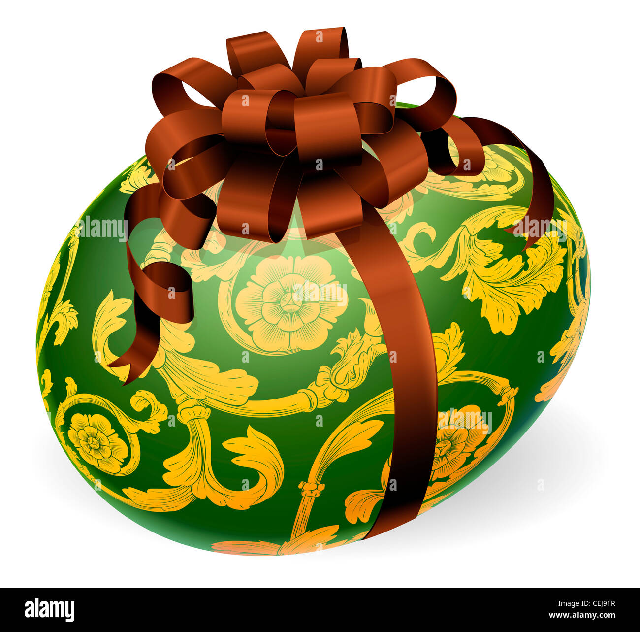 A luxury green Easter egg with ornate gold pattern and brown bow Stock Photo