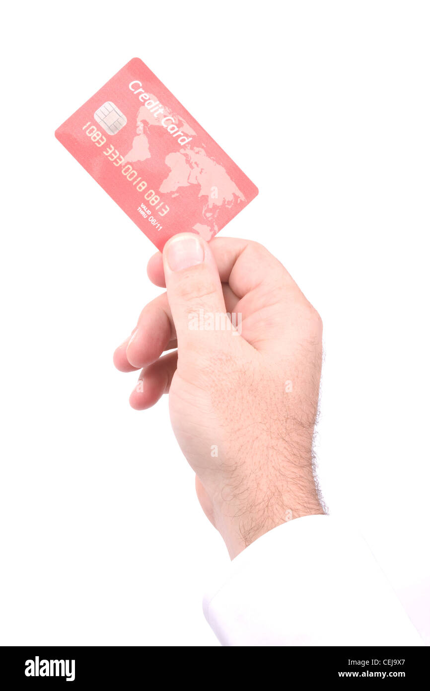 Nameless credit card with chip in a male hand isolated on white Stock Photo