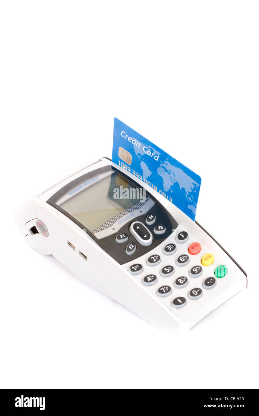 bank terminal and credit card isolated on white Stock Photo