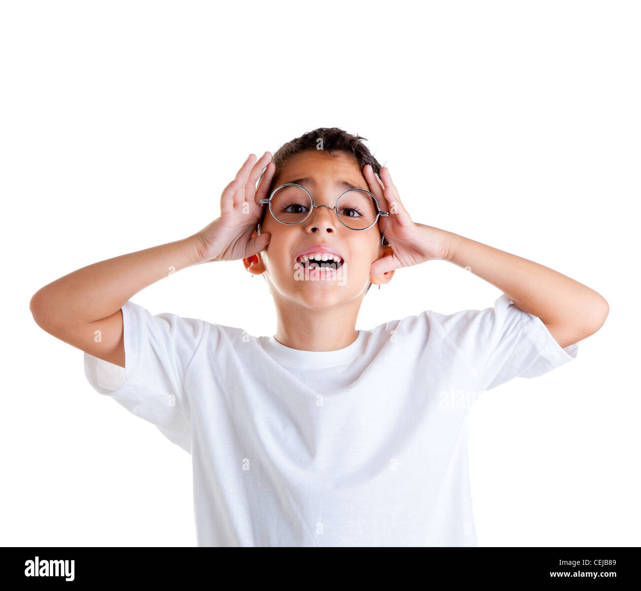 children nerd kid boy with glasses and silly expression isolated on white Stock Photo Alamy