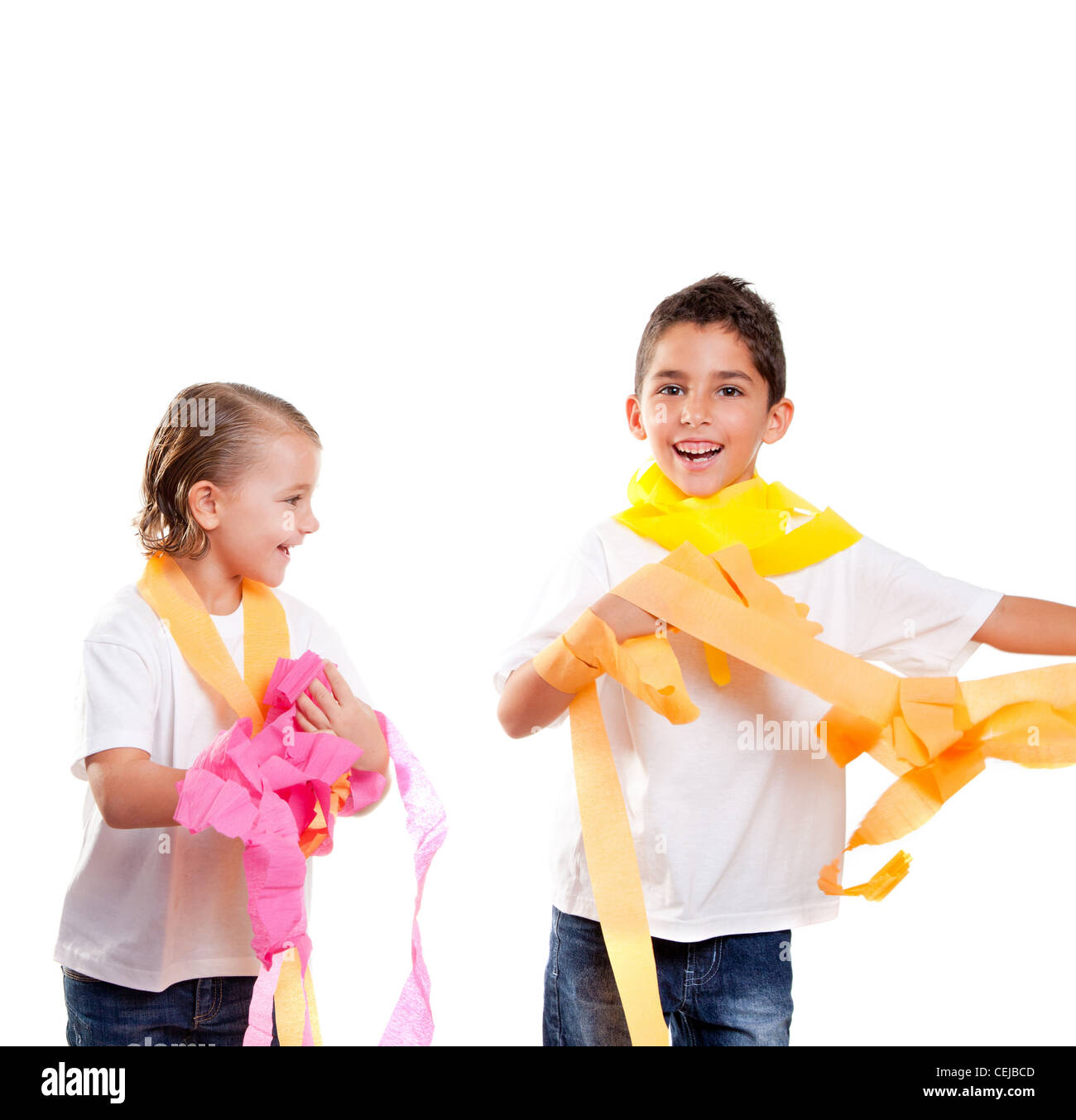 Messy Ribbon Colorfull two children kids in a party with messy colorful paper ribbon Stock ...