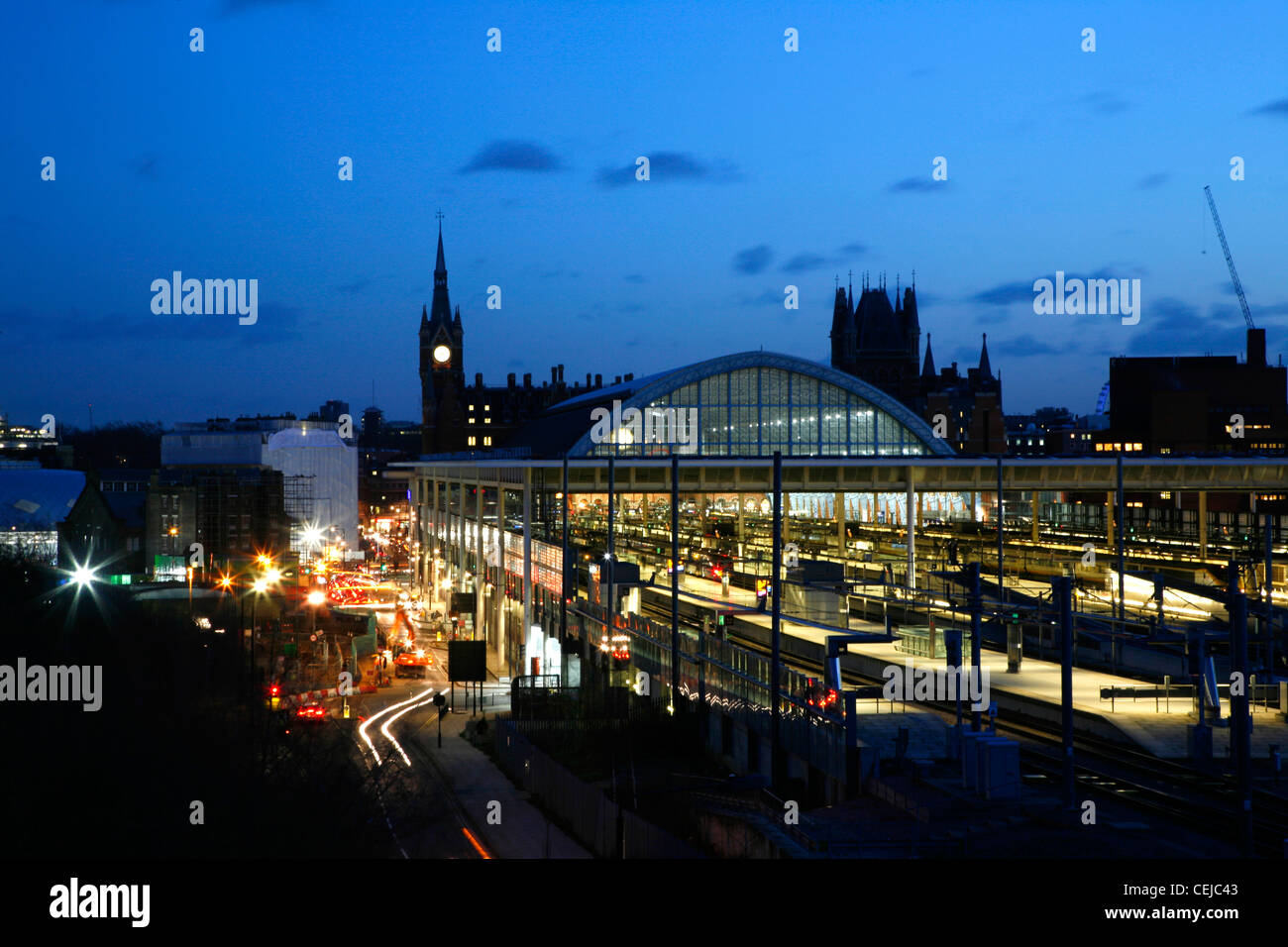 Skyline night view of St Pancras Station, St Pancras, London, UK Stock Photo