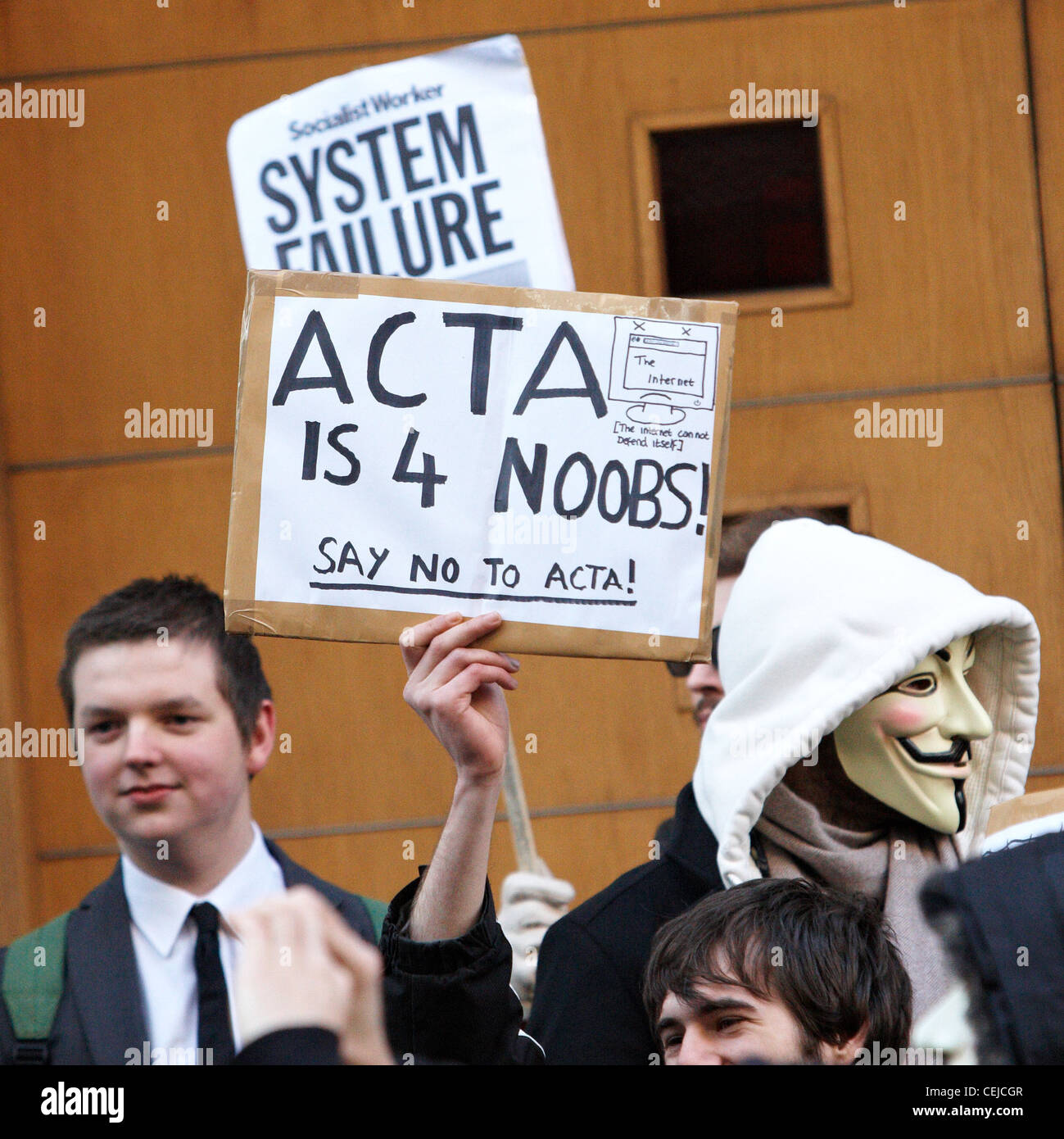 Protest against controversial copyright agreement ACTA or Anti-Counterfeiting Trade Agreement outside British Music House Stock Photo