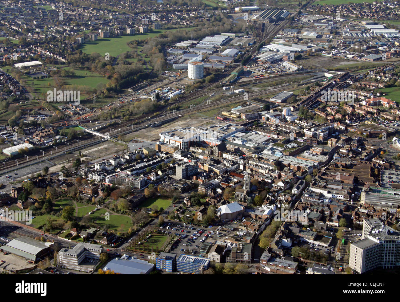 aerial view of The County Square Shopping Centre in Ashford, Kent, looking south west towards Chart Enterprise Park in the distance Stock Photo