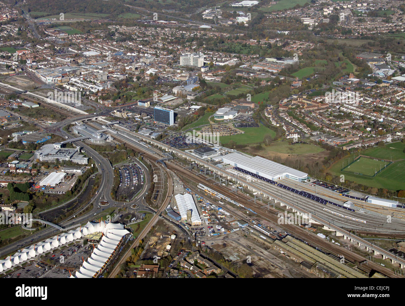 Aerial image of Ashford railway station & Hitachi Rail Europe Ltd Ashford, Kent Stock Photo