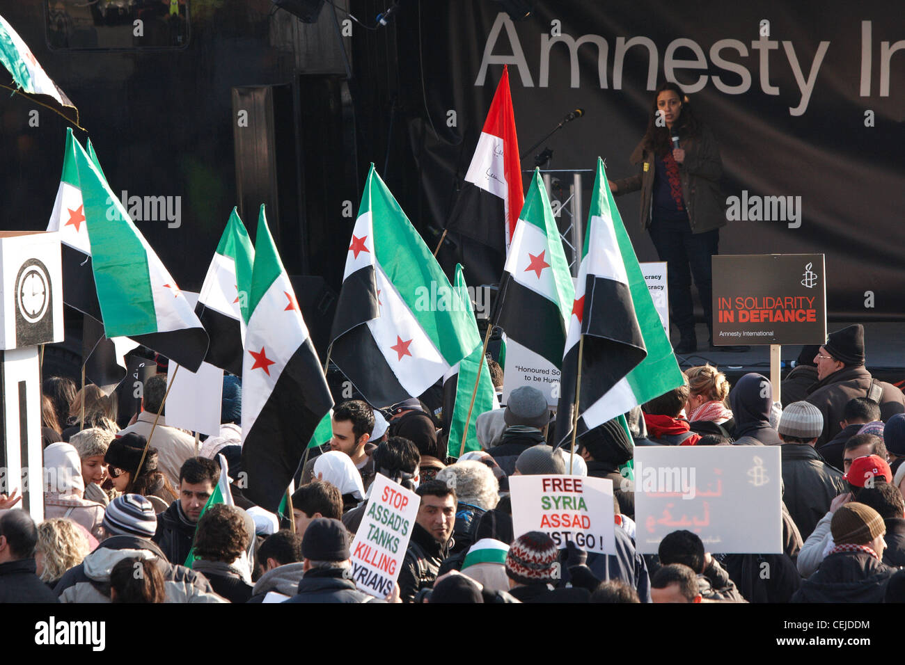 Amnesty International solidarity rally in Trafalgar Square, London, for human rights across the Middle East including Syria Stock Photo