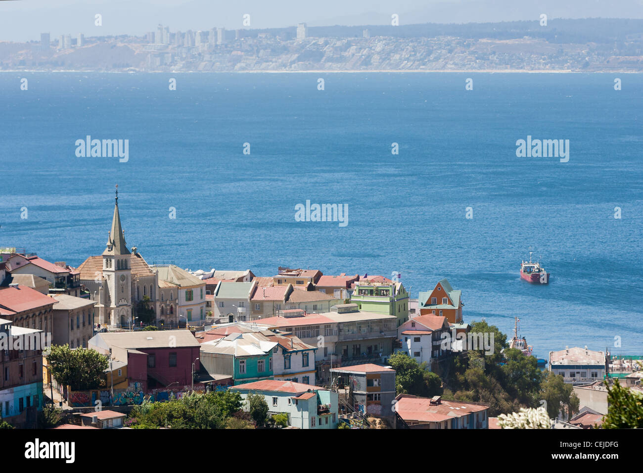 Viewed on Cerro Concepcion, Valparaiso historic World Heritage of UNESCO, with Pacific Ocean and Viña del Mar in background Stock Photo