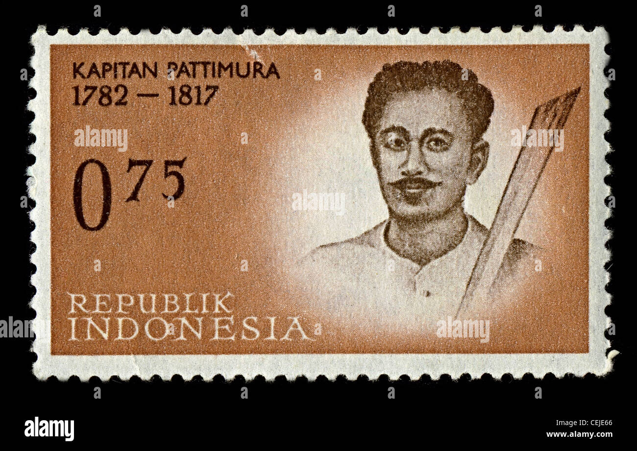 INDONESIA-CIRCA 1961:A stamp printed in INDONESIA shows image of Thomas Matulessy, also known as Kapitan Pattimura or simply Pattimura, was a Christian Ambonese soldier who led a rebellion against Dutch forces on Saparua near Ambon in Maluku, circa 1961. Stock Photo