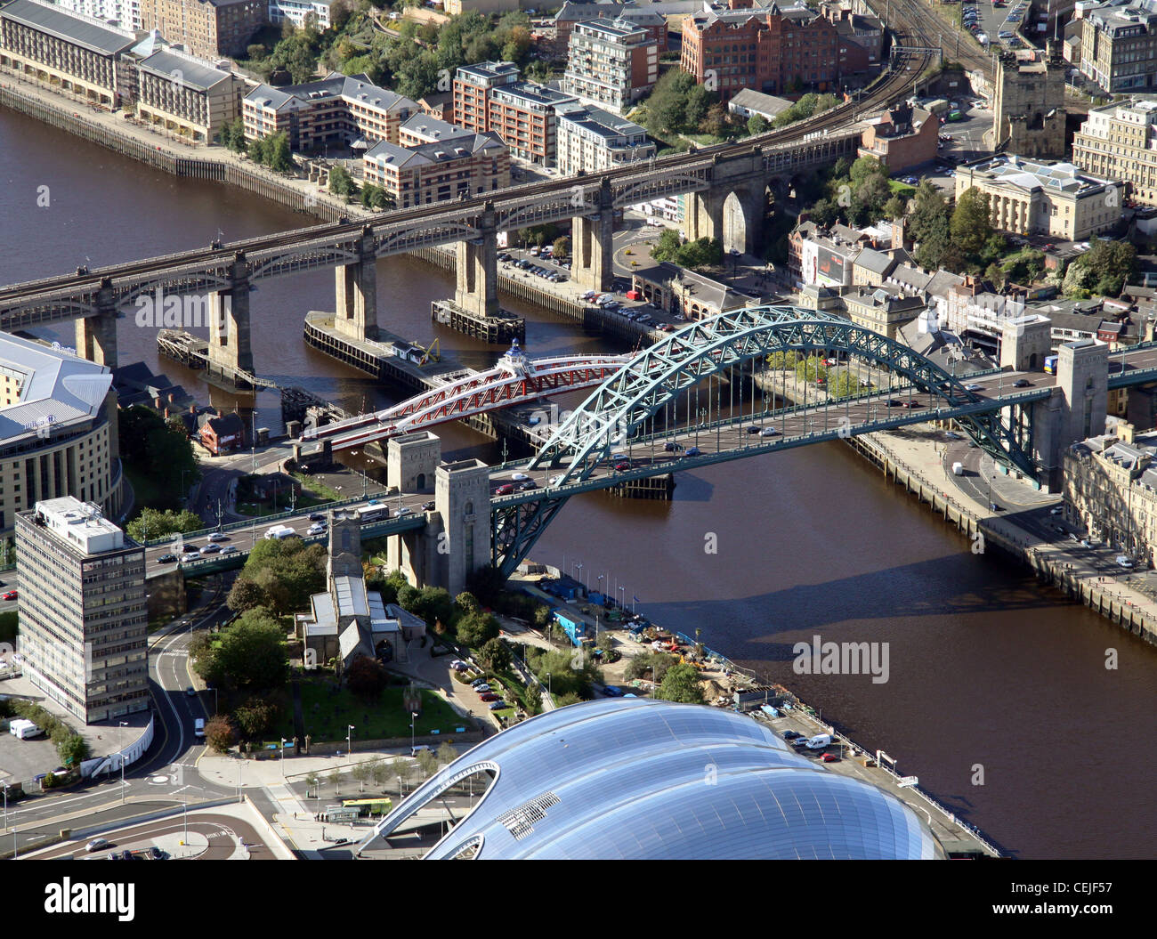Aerial image of the Tyne Bridge, The High Level Bridge, Swing Bridge, River Tyne and The Sage Gateshead, Newcastle-upon-Tyne Stock Photo