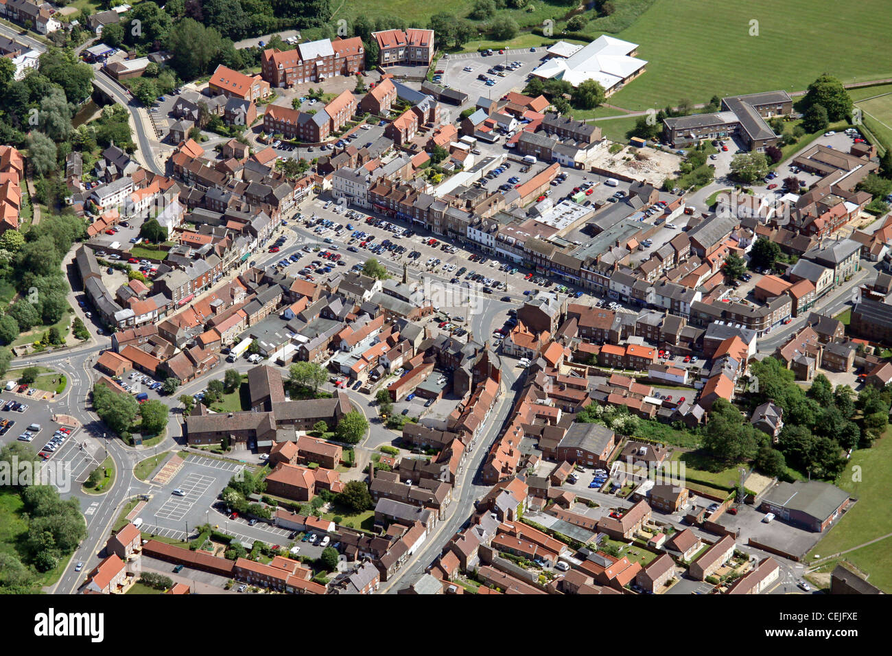Aerial image of Thirsk market town centre, North Yorkshire Stock Photo